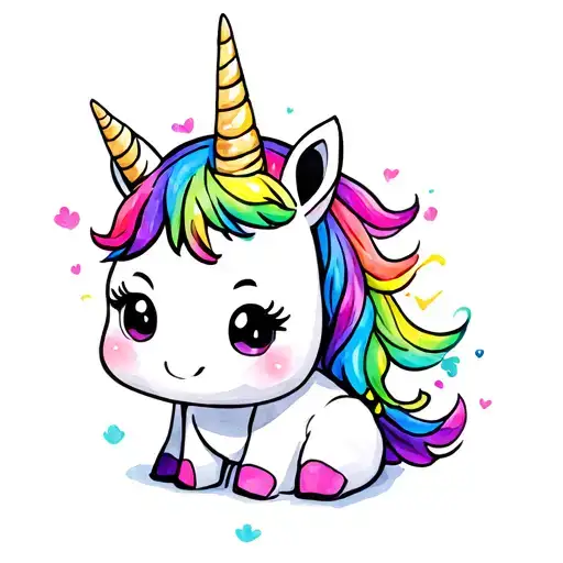 Cute Chubby Sitting Unicorn Splash Color Tattoo Cartoon More Real