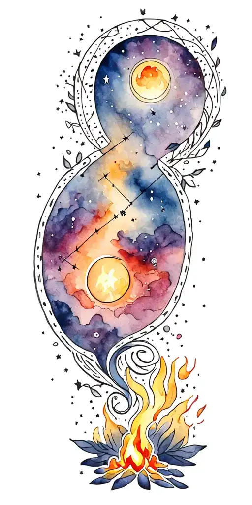 Aquarius Constellation In Sky Over Camp Fire In Full Color