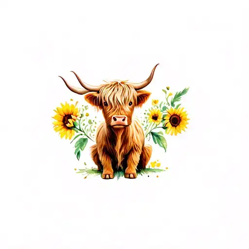 Mini Highland Cow Sitting With Sunflowers