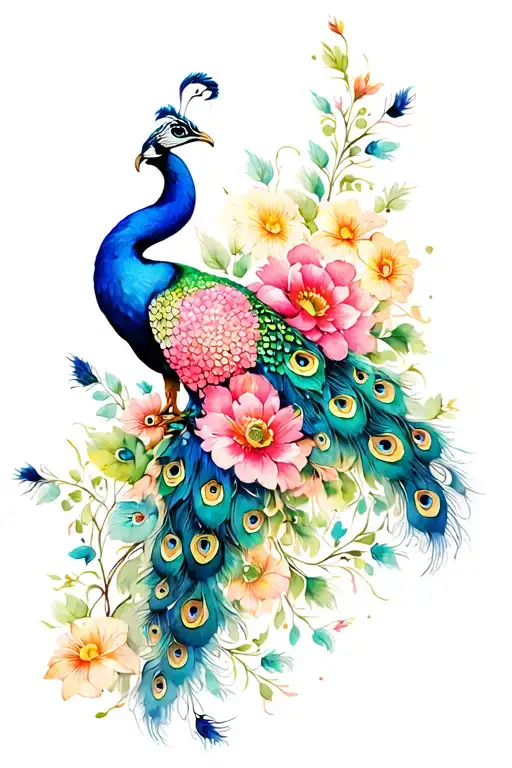Peacocks Flowers Intertwined