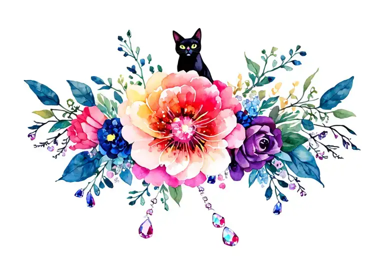 Narrow Elegant Floral Garter With Gems And A Black Cat