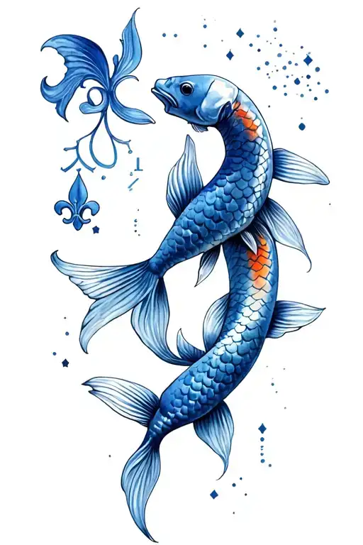 Constellation Of Pisces As Well As Two Koi Carp And Fleur De Lys
