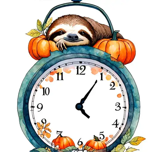 A Sloth Sleeping On A Clock With A Pumpkin