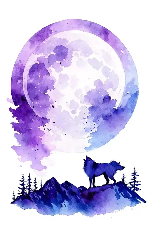 A Wolf Stading In A Montain Howling At The Moon Using Just The Colors Purple And Blue