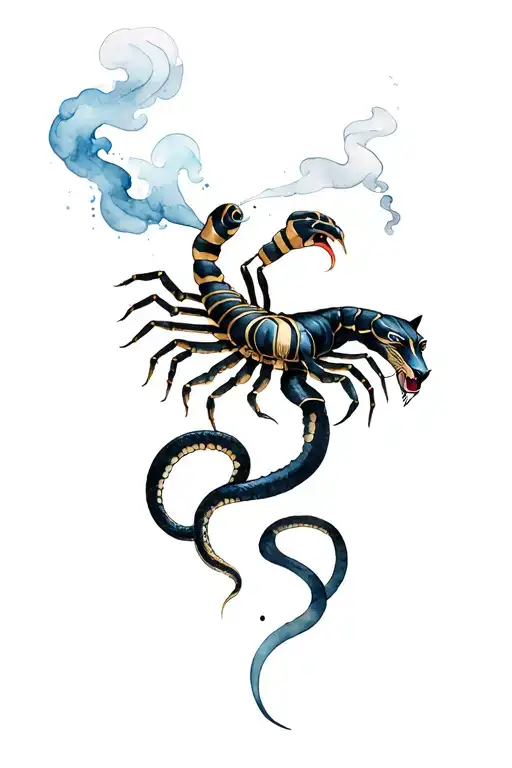 Scorpion Egyptian Goddess Blowing Smoke Out Her Mouth With Black Panther And Snake
