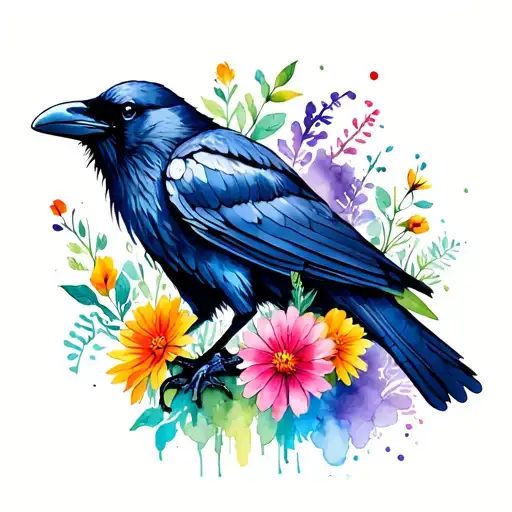 Colorful Raven With Wildflowers
