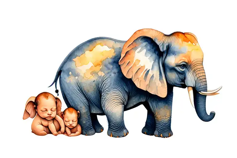 Elephant With 2 Babies Sleeping