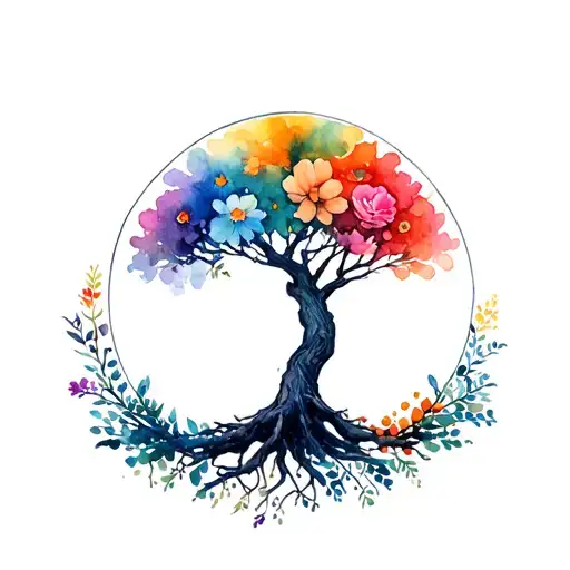 Round Tree Design With Flowers And Roots Growing