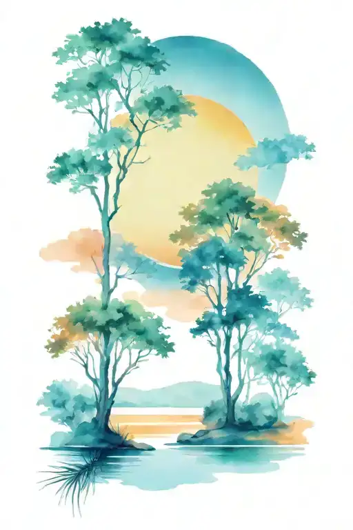 River Trees Sunset Scene