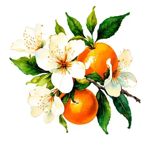 Orange Blossom Flowers With Oranges On Branch