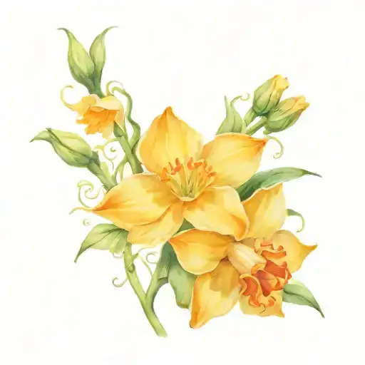 Narcissus Flower And Honey Suckle Flower With Vines And Leaves