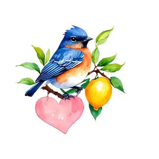 Bluebird With Lemon Tree Branch And A Heart