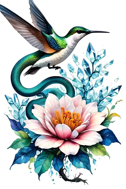 Humming Bird Feeding On Exotic Flower With Large Snake Made Of Crystals Intertwined
