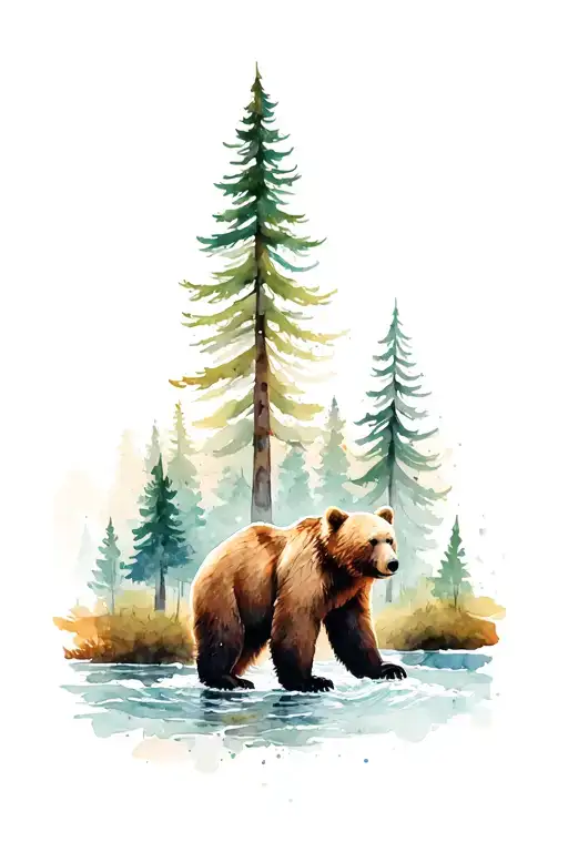 Bear Playing In Rivers And Fir Trees