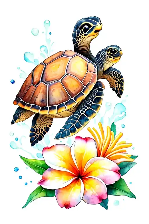 Sea Turtle With Seashell And Plumeria
