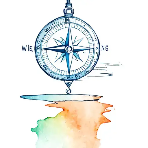 A Tattoo Representing A Sketch Compass With An Watercolor Bottom With Blue Orange Green And