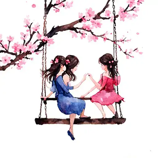 Cherry Blossom Branch With 2 Girls On A Swing