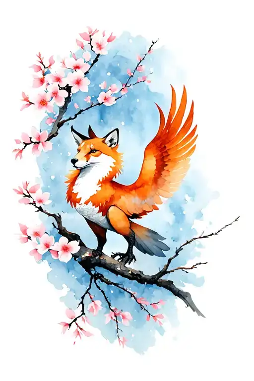 Renard Kitsun With Phoenix And Branch Of Sakura Tree