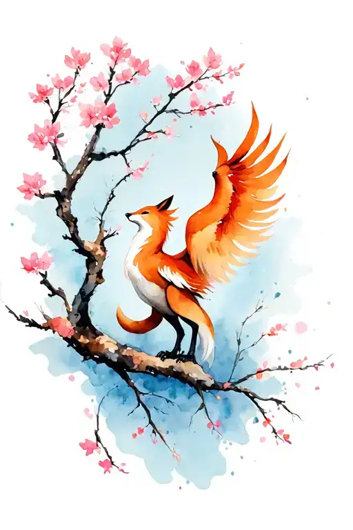 Renard Kitsun With Phoenix And Branch Of Sakura Tree