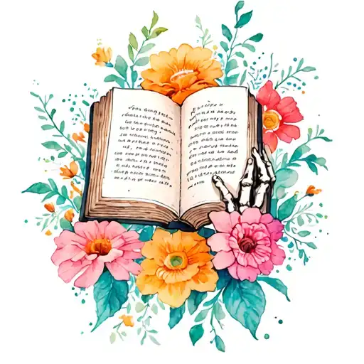 Flowers With A Skelaton Hand Holding Open Book Surrounded