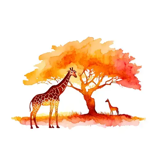 Silhouette Acacia Tree And Giraffe Standing