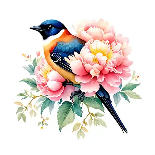 Bird And Peonies With Flowers