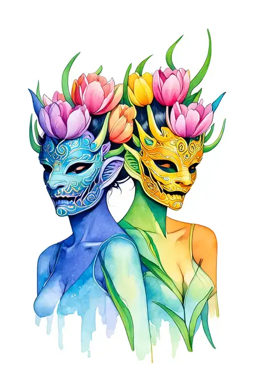 2 Person That Signifies Gemini Both Wearing Oni Mask Covered With Tulips