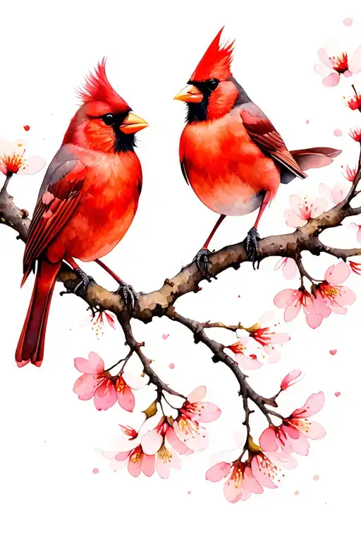 A Pair Of Cardinals Looking At Each Other Sitting On A Cherry Blossom Branch