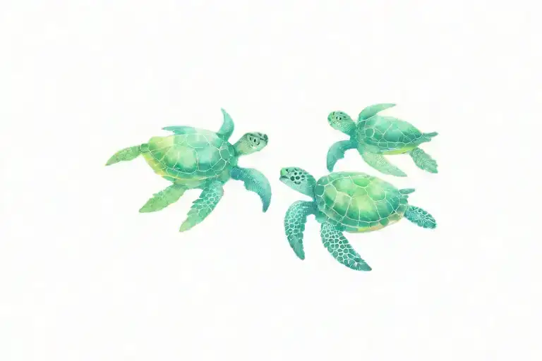 Family Of 3 Sea Turtle Swimming