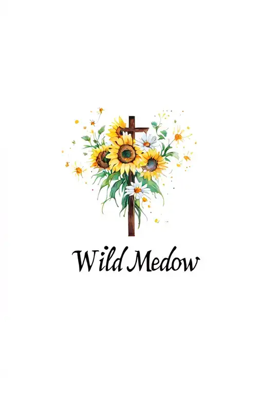 A Simple Cross As A Back Tattoo With The Words Wild Medow And Surrounded By Sunflowers And Daisy's