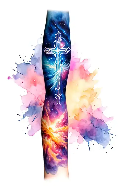 Galactic Tattoo On A Whole Sleeve Of The Forearm With The Cross That Symbolizes Christianity