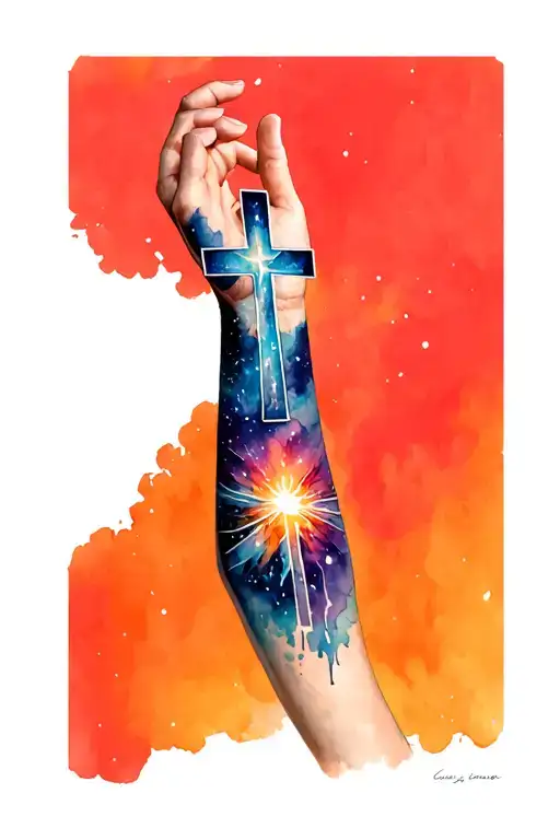 Galactic Tattoo On The Forearm With The Cross That Symbolizes Christianity