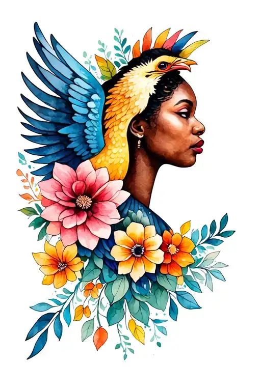 Sankofa Bird With Wings That Turn Into Flowers And A Black Woman's Face Profile