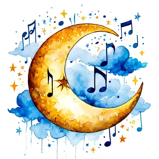 Crescent Moon Surrounded By Music Notes And Clouds And Stars