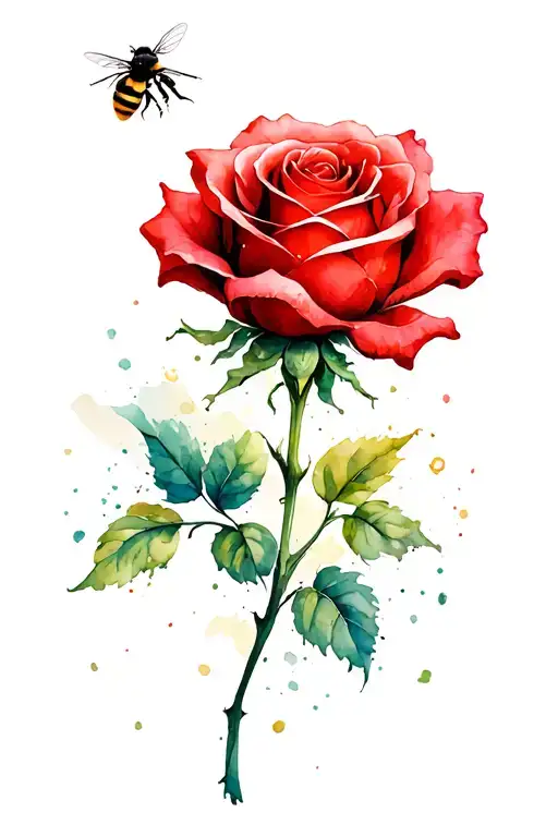 Long Stemmed Red Rose And Fluffy Bumblebee Flying Above