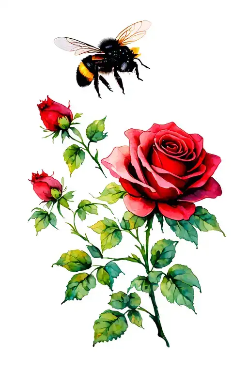 Long Stemmed Red Rose And Fluffy Bumblebee Flying Above