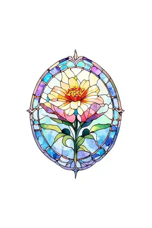Stained Glass Window With Lutus Flower In Middle