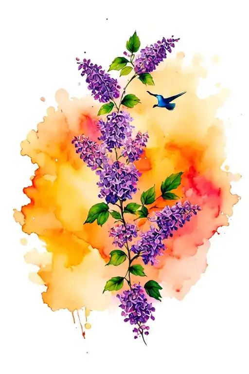 Abstract Lilacs And Bird Flying Purple