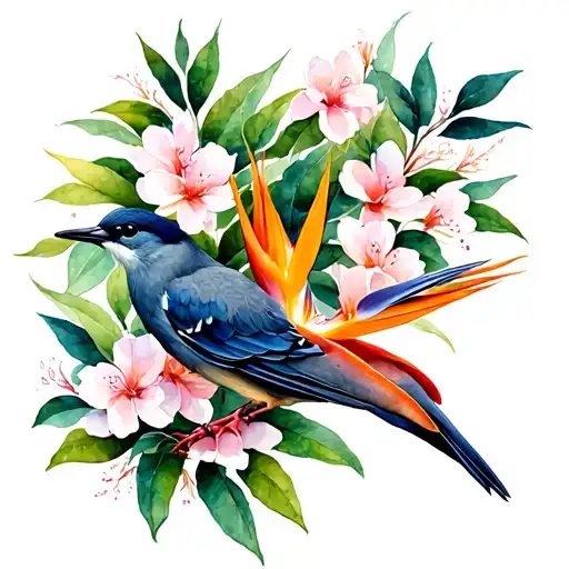 Bird Of Paradise With Japanese Cherry Flowers