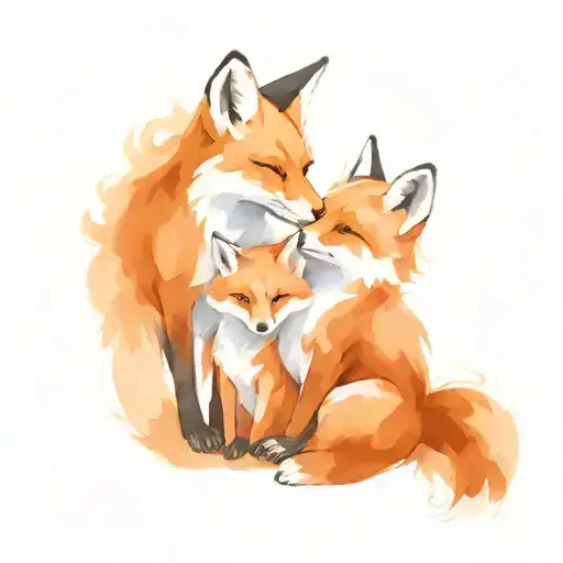 Mother Fox With 2 Cubs Cuddling