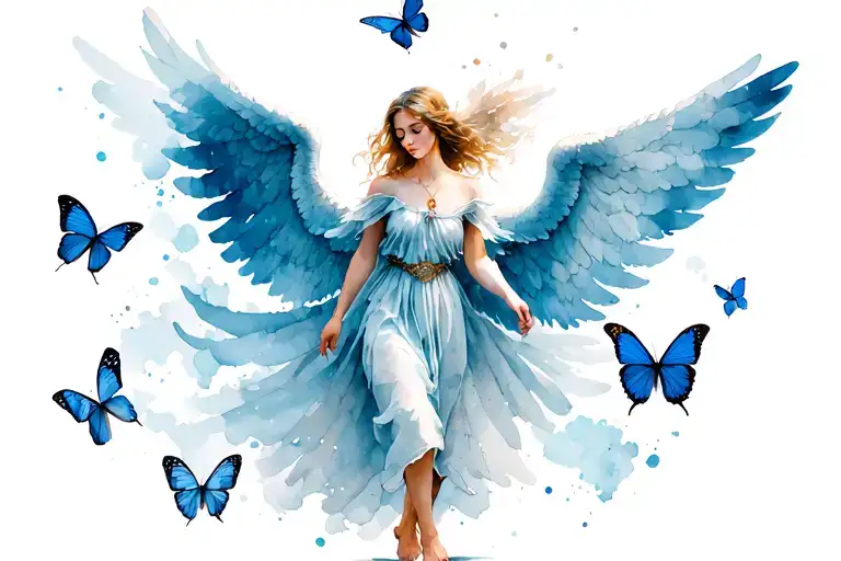 One Angel Angel Walking At Mist Blue Butterflys