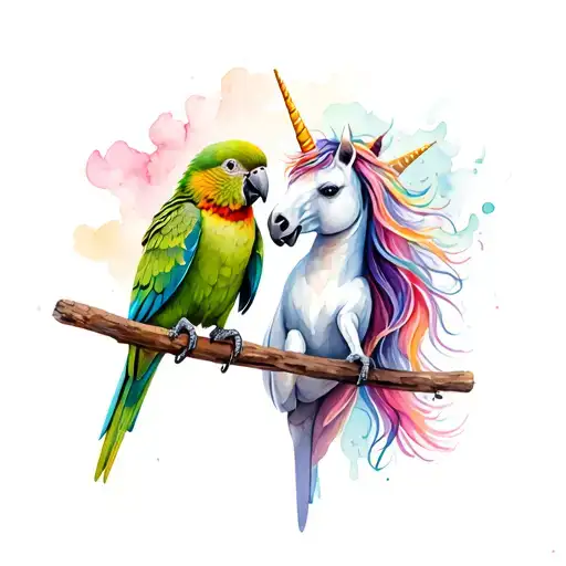 Green-cheek Conure And Unicorn Playing Together