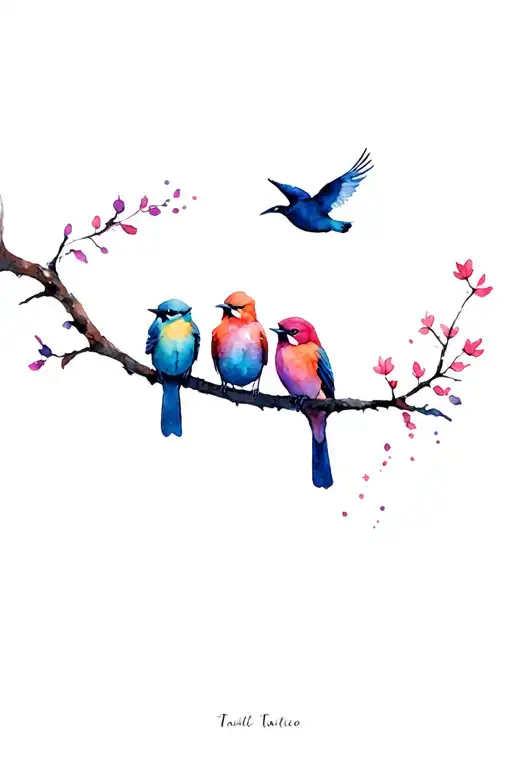 4 Birds On A Branch Watching One Bird Fly Away