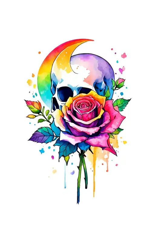 Rainbow Rose And Skull With Moon