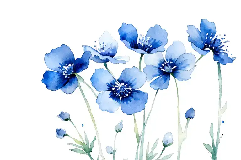 5 Nemophila Flowers Intertwined With Very Thin Stem Line