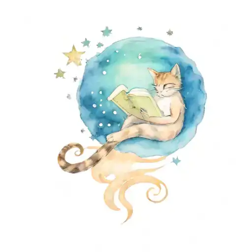 A Whimsical Scene Of A Cat Reading A Book Under A Starry Sky
