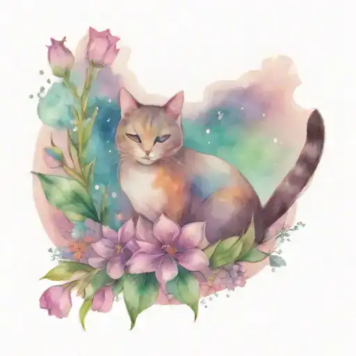 Cat With Book And Starry Sky Surrounded By Flowers