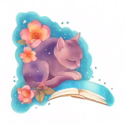 Cat With Book And Starry Sky Surrounded By Flowers