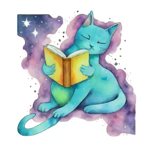 Cat With Book And Starry Sky Surrounded By Stars Forming