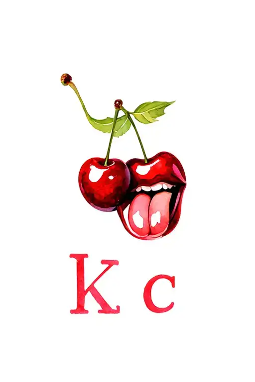 A Juicy Tongue Licking Two Cherries And The Initials K And C Are In The Cherries